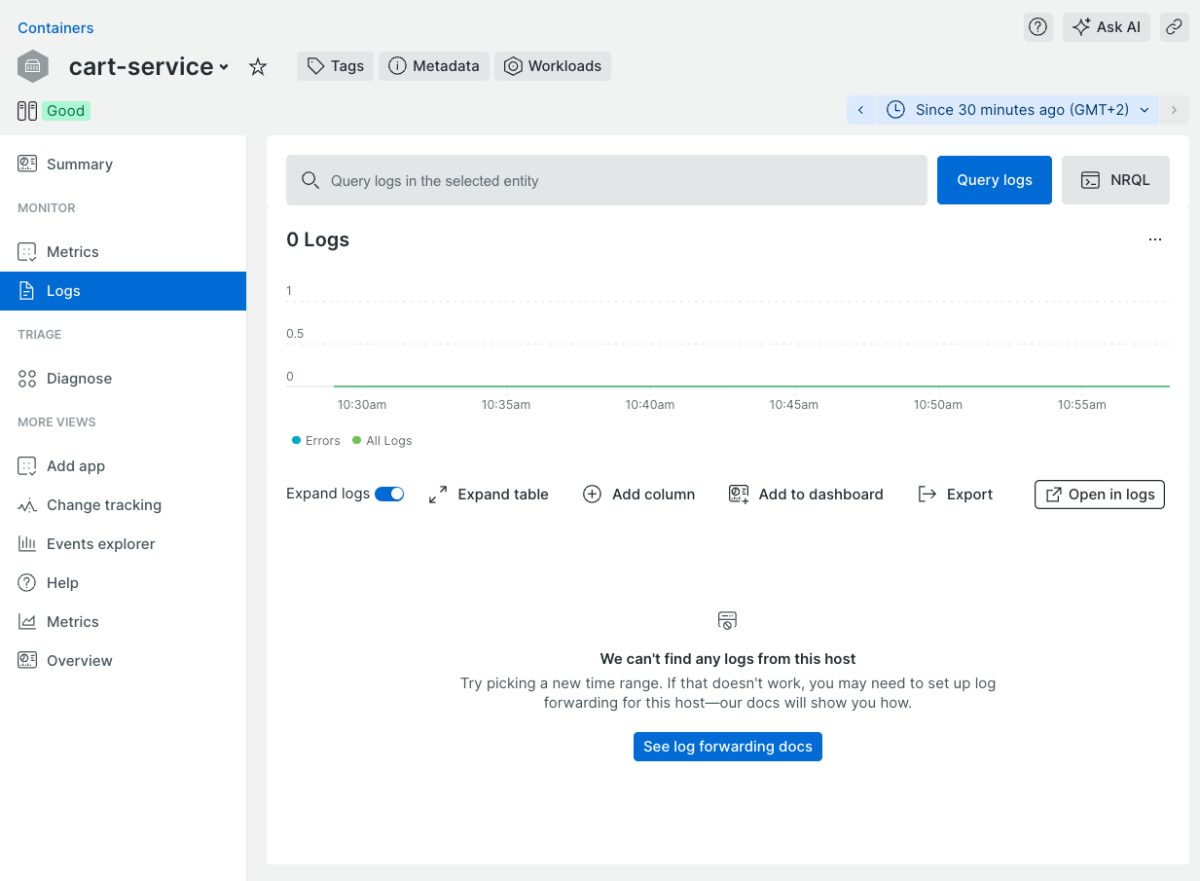 container ui no logs