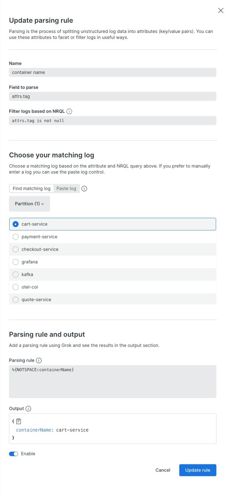 container logs parsing rule tag