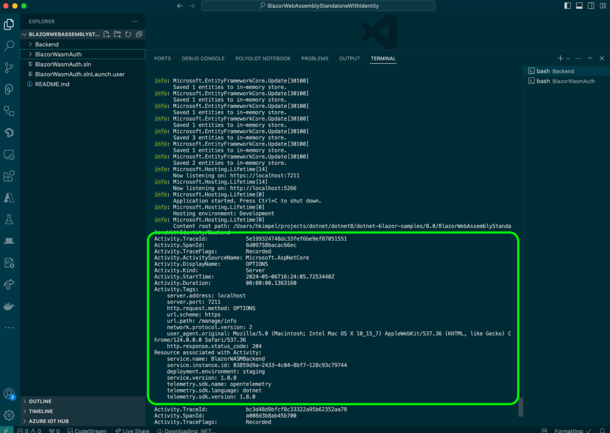 OpenTelemetry tracing console output backend