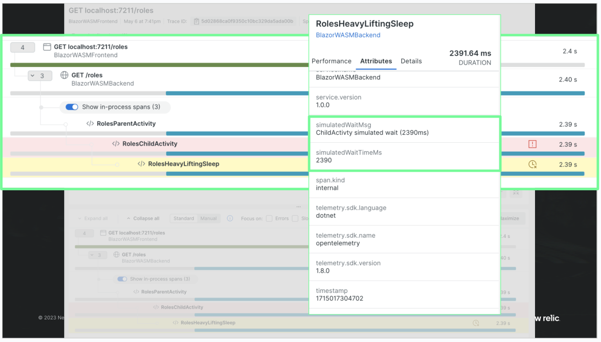 OpenTelemetry New Relic APM distributed tracing details manual