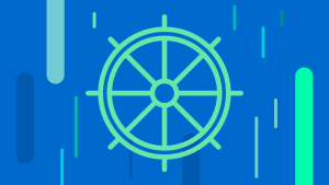 Illustration of a helm steering wheel with eight handles: light green on a blue background with data lines throughout 