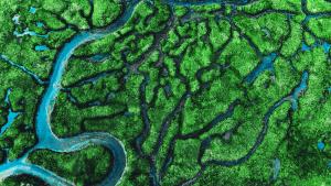 Aerial shot of green mountains and a crystal blue lake.