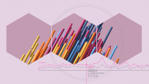 Image of colored sticks arranged like a bar chart, inside three hexagons