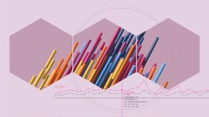 Image of colored sticks arranged like a bar chart, inside three hexagons