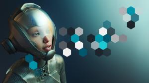 Woman in spacesuit looking into a field of hexagons.