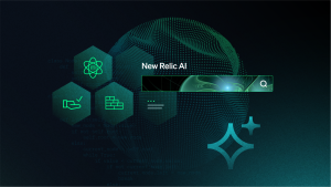 New Relic AIのアイコン、検索バー、測定インジケーターを示す抽象的な画像