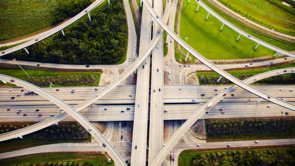 Aerial view of traffic and overpasses