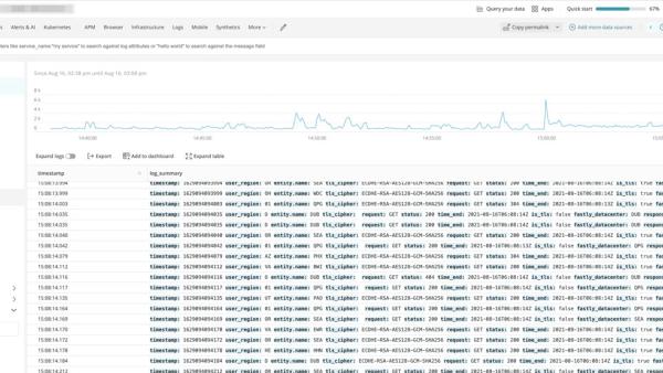 Logs UI in NR1 with a storm of log lines