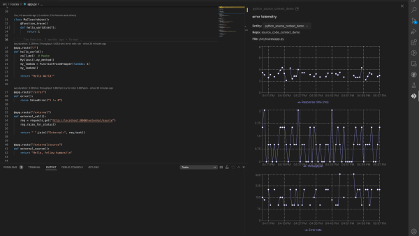 コードレベルのメトリクスとIDEでNew Relic CodeStreamと統合されたダッシュボードのスクリーンショット