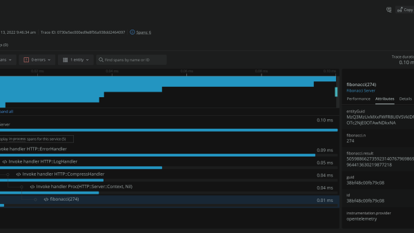 Dashboard shows OpenTelemetry trace details for Crystal application