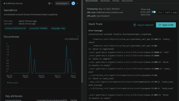 Errors inbox shows visualization of error occurrence and stack trace