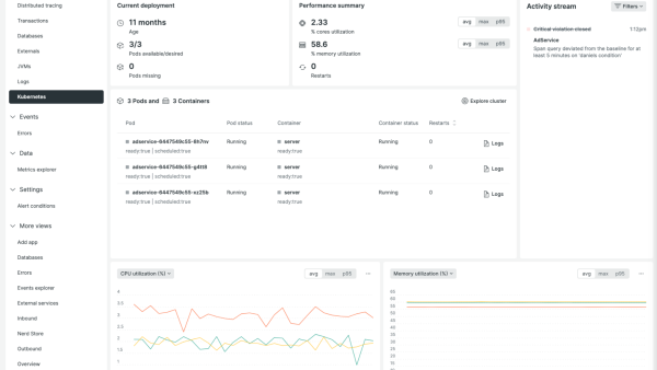 New Relic Explorer shows OpenTelemetry data in Kubernetes pane.