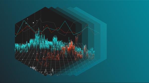 Image of chart with 3D peaks and valleys, inside a hexagon