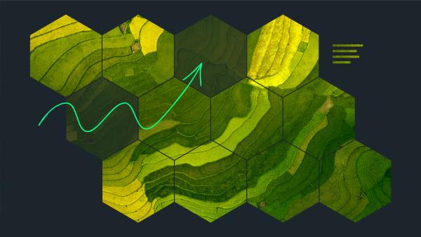 Aerial view of a layered landscape, viewed through 12 hexagons