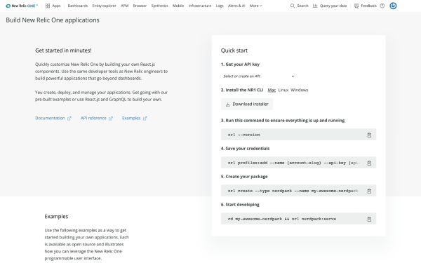 Screenshot depicts how to get started with New Relic One applications