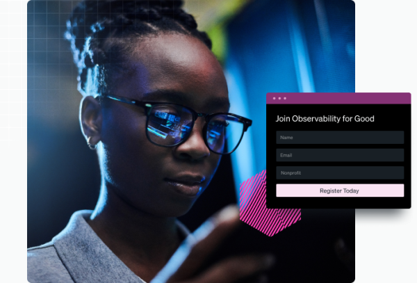 Woman reading screen with overlay reading 'join observability for good'