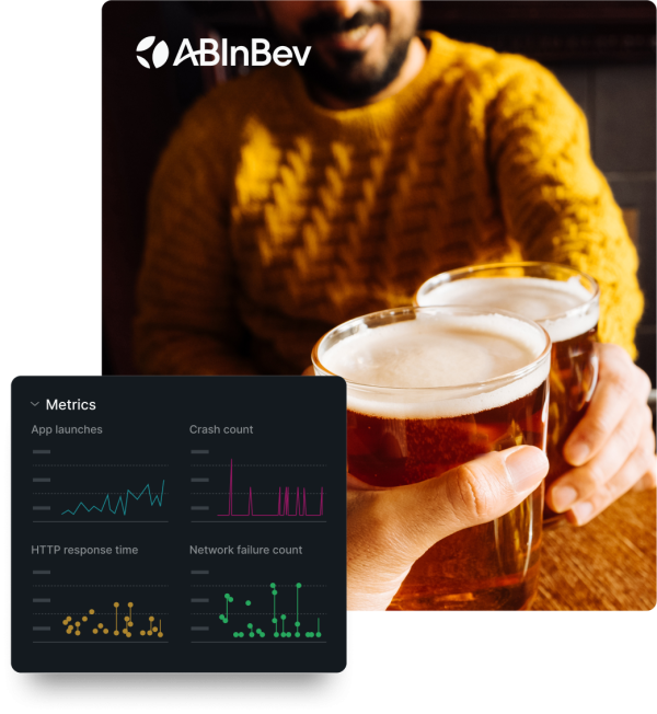 Two people clinking beer glasses with the ABInBev logo and a chart