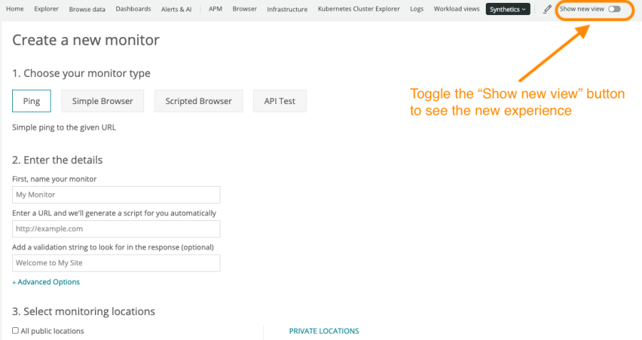 Create Synthetic Monitor with New View example