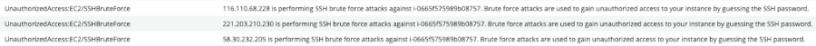 Examples of GuardDuty detecting brute force attacks.