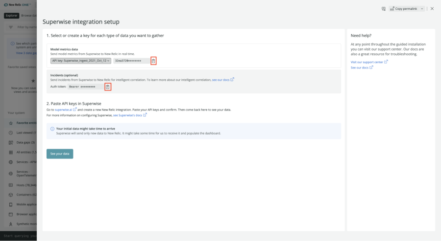 Buttons to create keys in Superwise integration setup are highlighted in image.