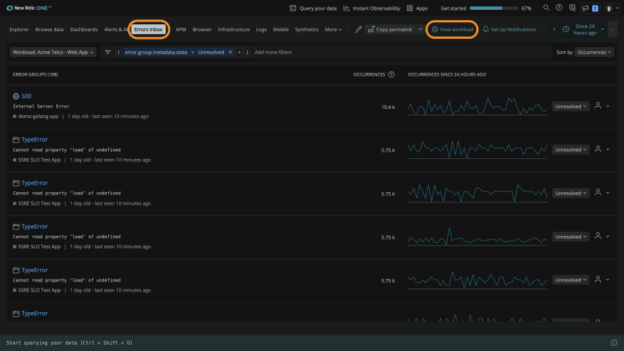 Errors Inbox view with View workload emphasized in upper navbar.