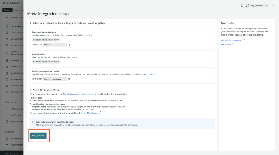 Save your data highlighted in Mona integration setup.