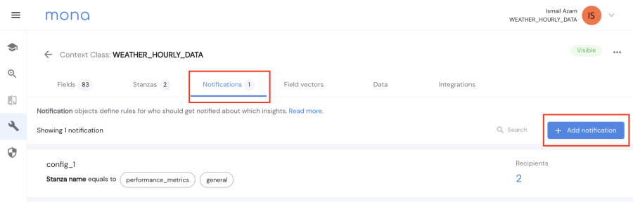 Notifications tab and "Add notification" highlighted in Mona.