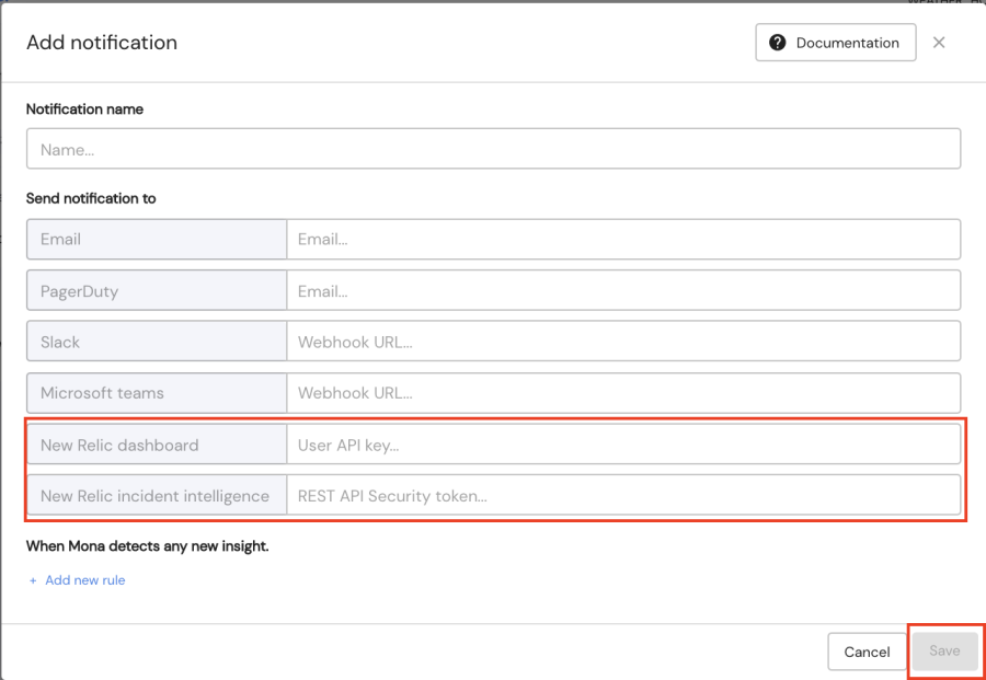 New Relic dashboard and New Relic incident intelligence fields highlighted in Mona's Add notification section.