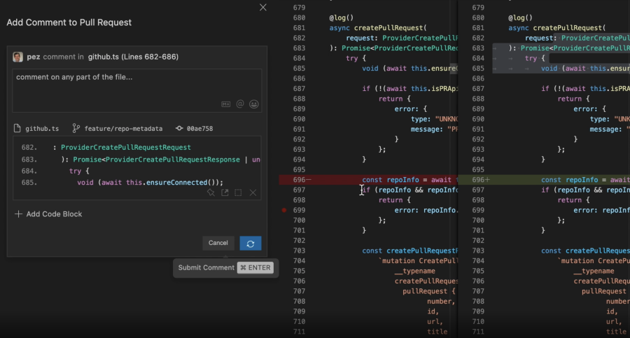 Image of CodeStream feature in a code editor - specifically making a comment for a pull request.