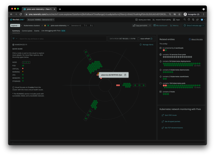 Screen shot of Kubernetes data from Pixie in New Relic One