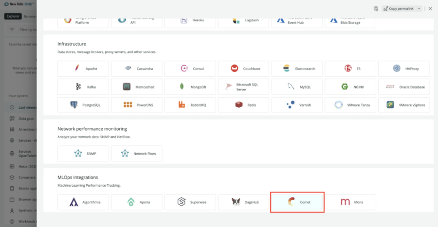 Comet integration button on dashboard