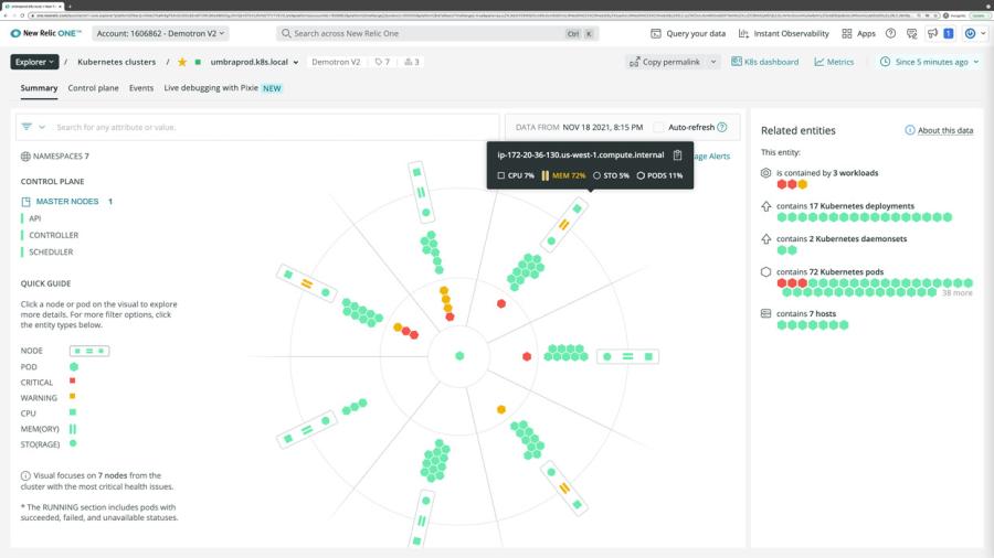 The Kubernetes cluster explorer allows you to see all of your cluster data on a single screen.