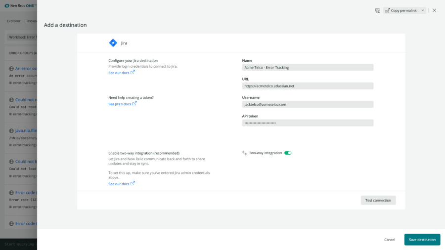 Add a destination using Errors Inbox Jira integration