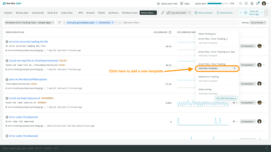 Add a template to the Errors Inbox Jira integration