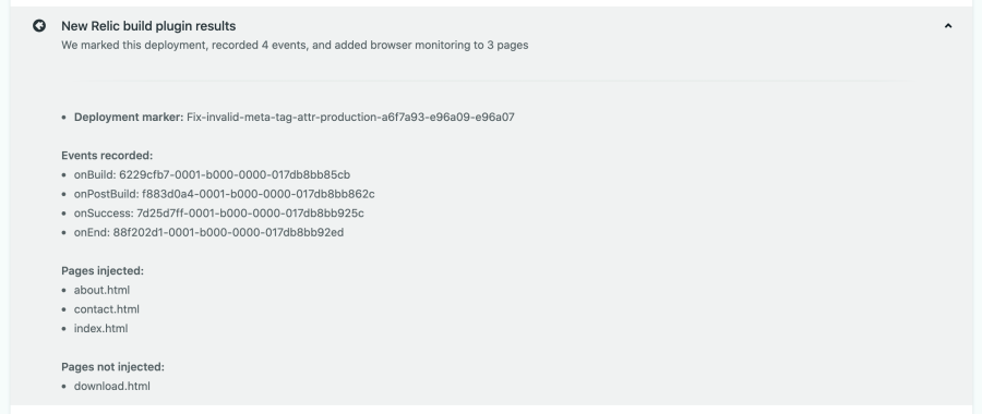 Deploy summary shows deployment marker error, events recorded, and pages injected and not injected.