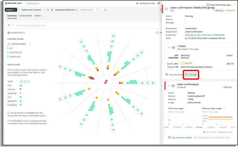 Example of full-stack observability using New Relic log management