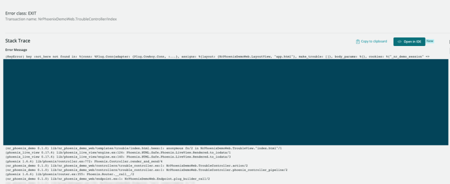 Stack trace of error in New Relic One - Open in IDE button on righthand side.