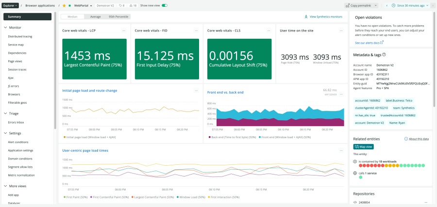 Screenshot of the New Relic browser dashboard