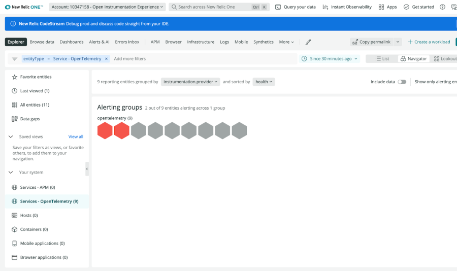 New Relic Oneのユーザーインタフェースでアラートを発している、2つのOpenTelemetryサービス