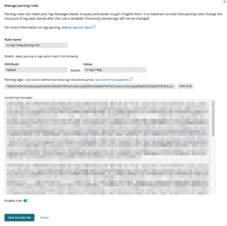 New Relic Logs Parsing rule setting