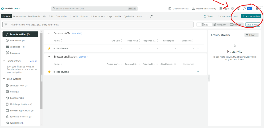 The add your data button within New Relic One