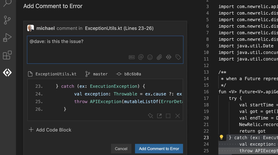 Screenshot of debugging and resolving issues with the CodeStream-New Relic integration