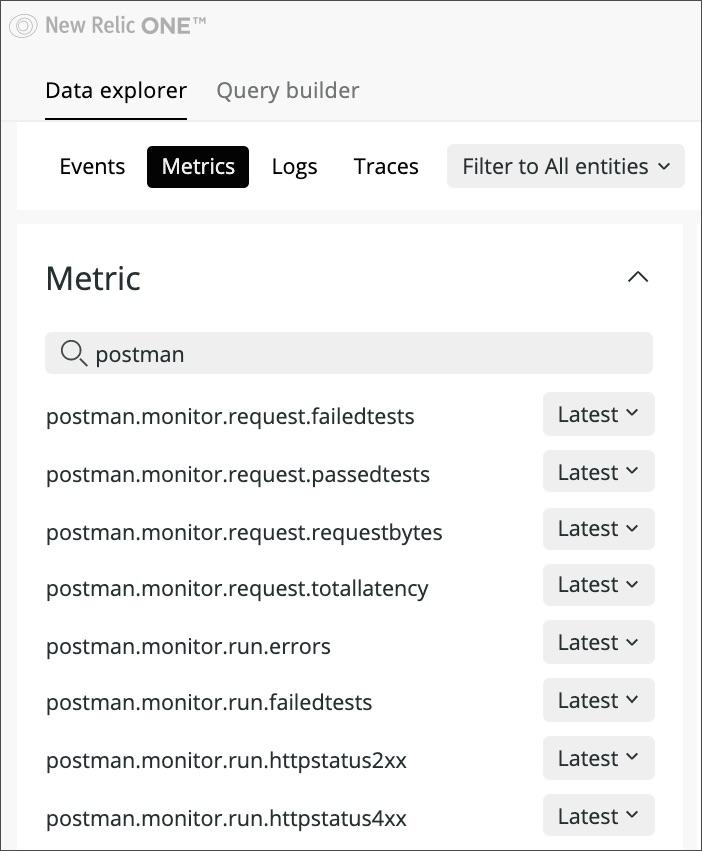 New RelicのMetricsタブは、手動で選択可能なPostmanモニターのメトリクスを表示します。