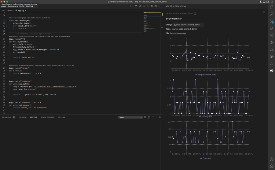 コードレベルのメトリクスとIDEでNew Relic CodeStreamと統合されたダッシュボードのスクリーンショット