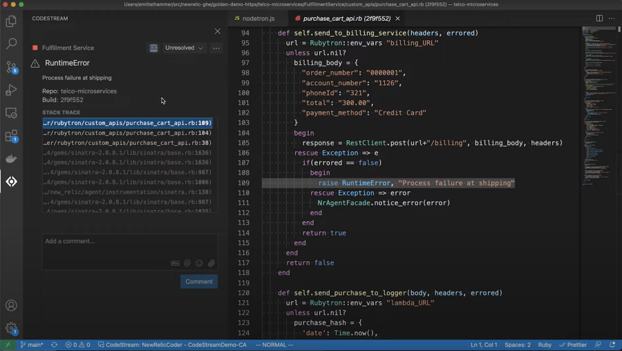 New Relic CodeStream screen shot of clicking through the stack trace to identify the line of code causing the issue