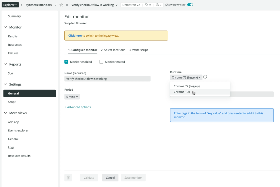 Update to the latest synthetics runtime with a dropdown.