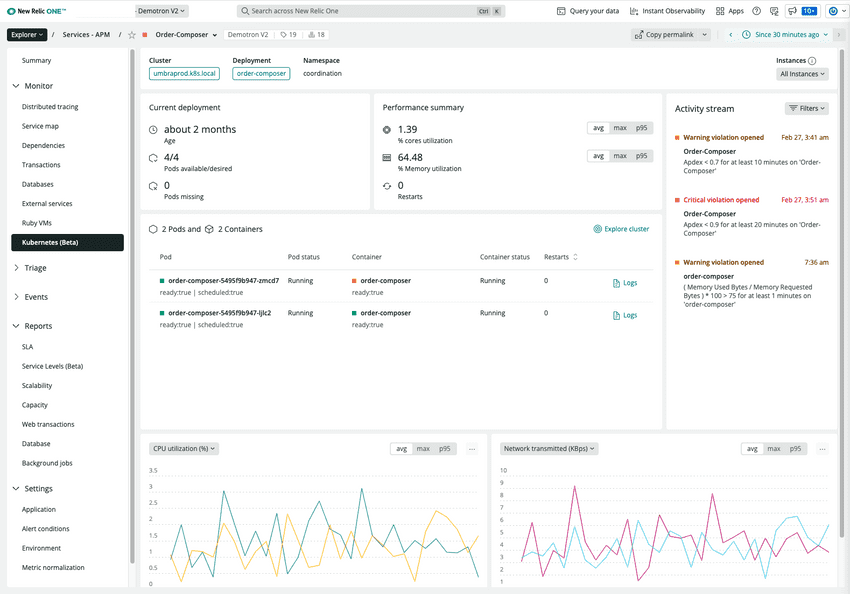 New Relic Kubernetes monitoring screenshot