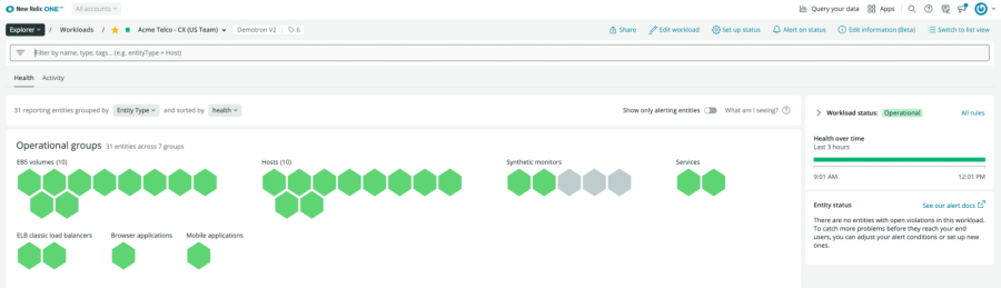 Workloads of operational groups in New Relic.