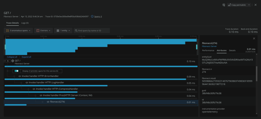 Dashboard shows OpenTelemetry trace details for Crystal application