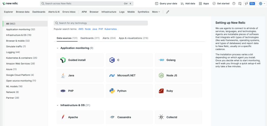 Screen shot of data onboarding experience in New Relic to instrument and monitor your stacks in minutes